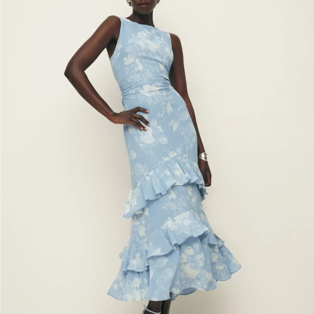 Reformation Light Blue Floral Ruffle Maxi Dress